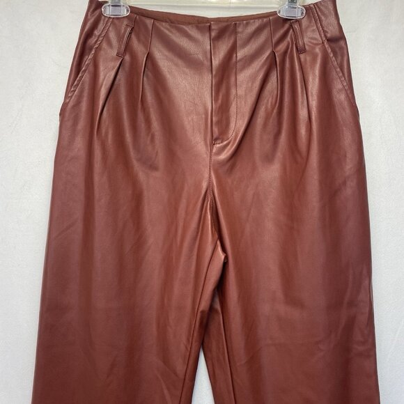 WHO WHAT WEAR Faux Leather High-Rise Straight Leg Trouser Pants Women Sz 6 Brown - Picture 13 of 14